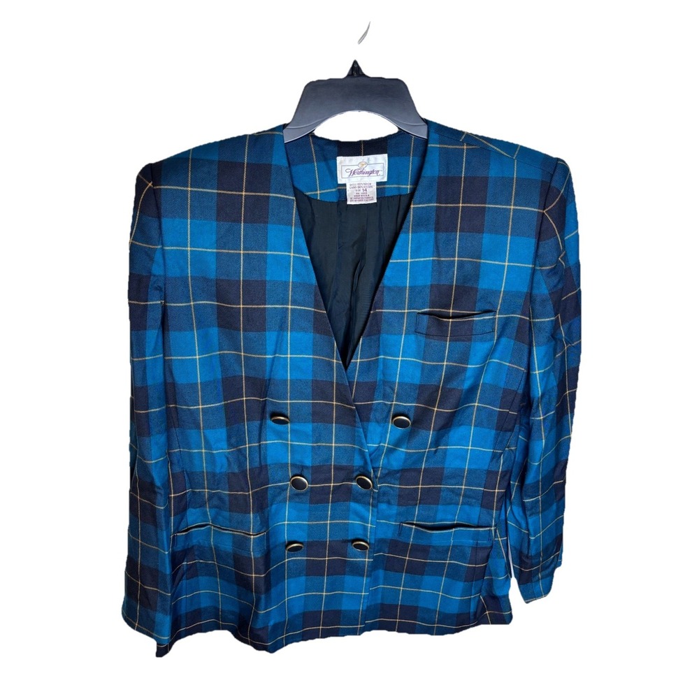 Vintage Worthington Plaid Blue Green Career Blazer Jacket Size 14 Made In USA